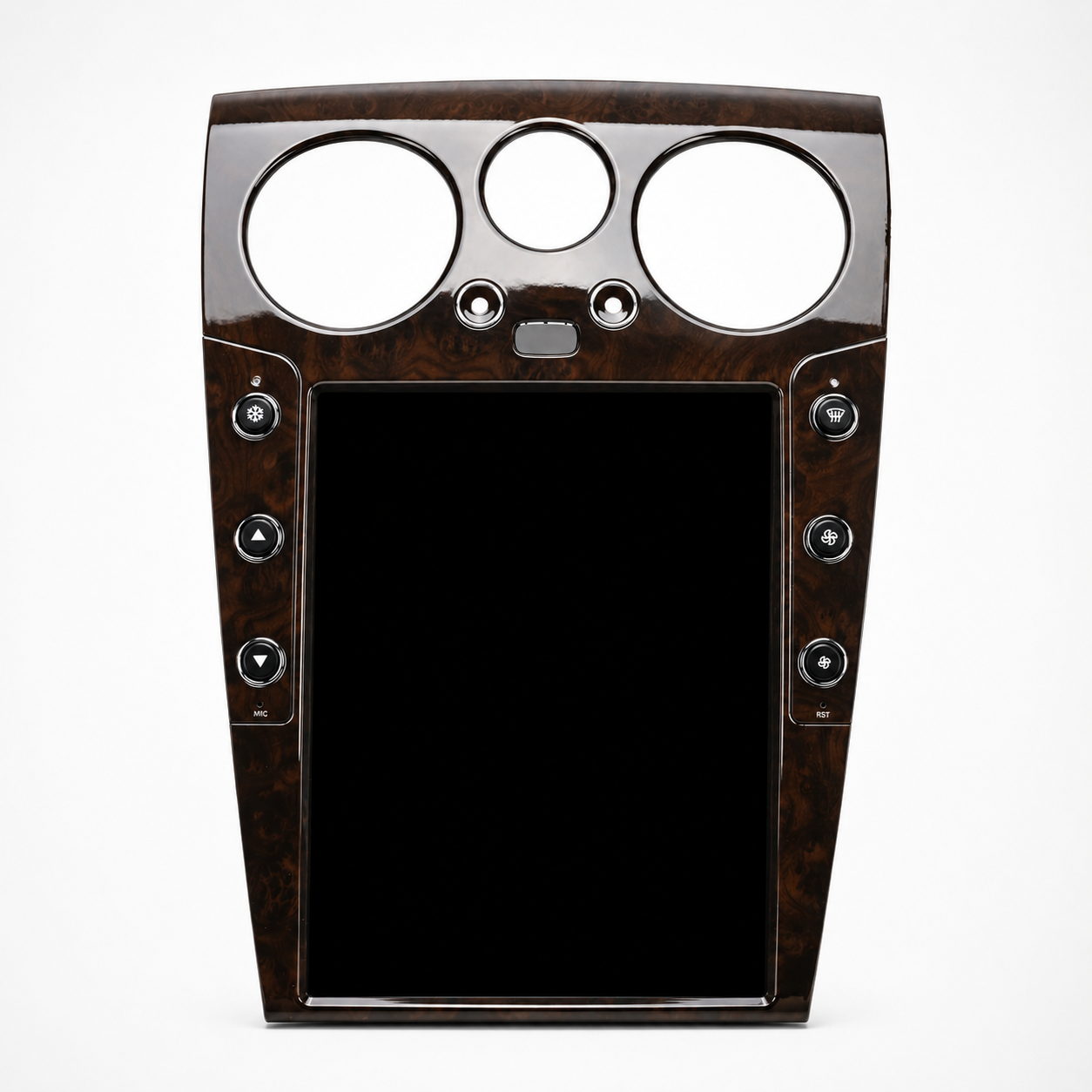 A large 12.1" tesla-style Bentley HD touchscreen infotainment display for Bentley Continental GT and Flying Spur 2004-2018 models. Easy installation into the center console, with wireless Apple CarPlay and Android Auto. Plug & play display works with all car functions including AC, backup camera, steering wheel controls, air suspension, suspension damping, parking sensors, OEM amplifier. Has additional side buttons for AC controls. Burr Walnut trim.