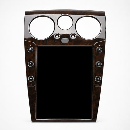 A large 12.1" tesla-style Bentley HD touchscreen infotainment display for Bentley Continental GT and Flying Spur 2004-2018 models. Easy installation into the center console, with wireless Apple CarPlay and Android Auto. Plug & play display works with all car functions including AC, backup camera, steering wheel controls, air suspension, suspension damping, parking sensors, OEM amplifier. Has additional side buttons for AC controls. Burr Walnut trim.