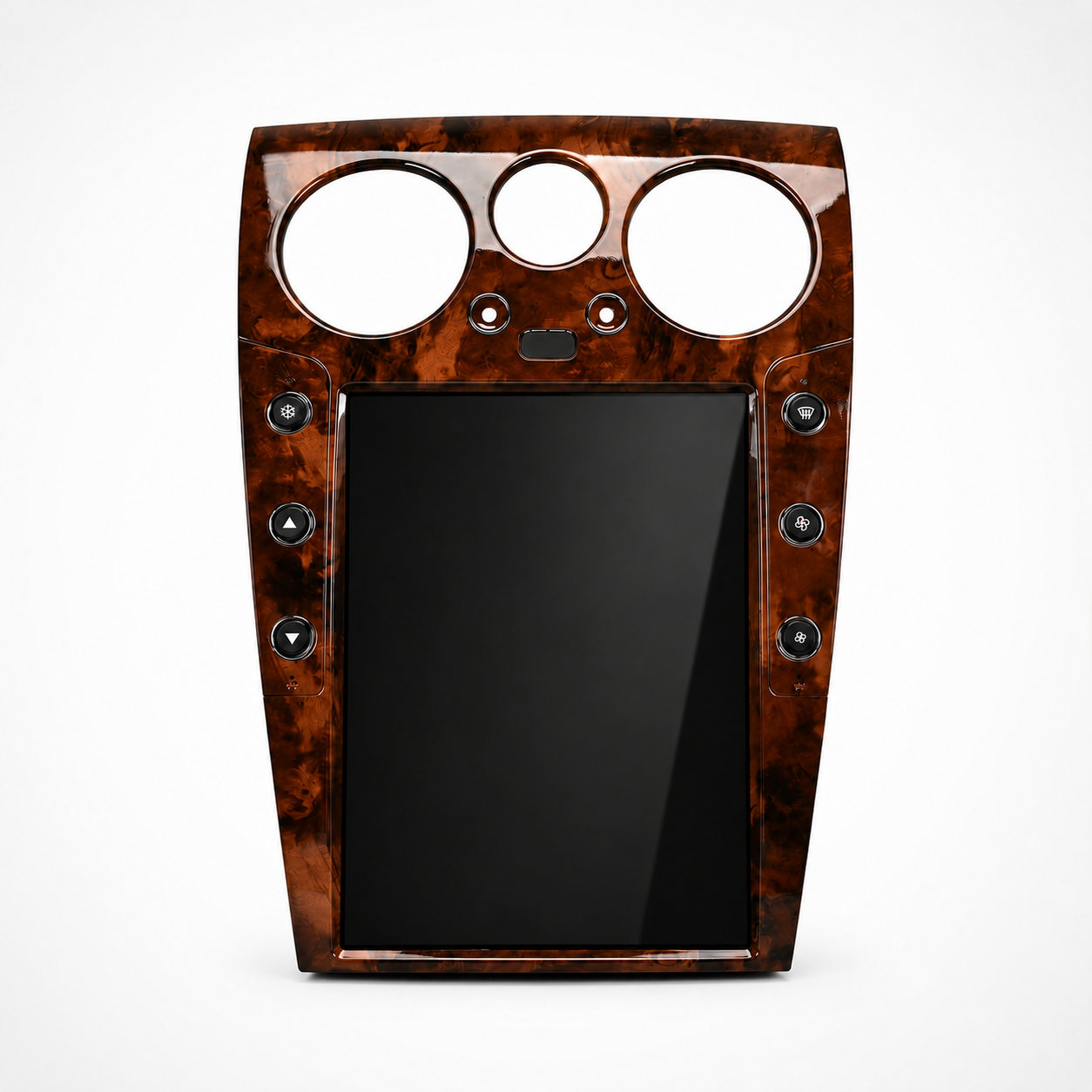 A large 12.1" tesla-style Bentley HD touchscreen infotainment display for Bentley Continental GT and Flying Spur 2004-2018 models. Easy installation into the center console, with wireless Apple CarPlay and Android Auto. Plug & play display works with all car functions including AC, backup camera, steering wheel controls, air suspension, suspension damping, parking sensors, OEM amplifier. Has additional side buttons for AC controls. Dark Mahogany trim.