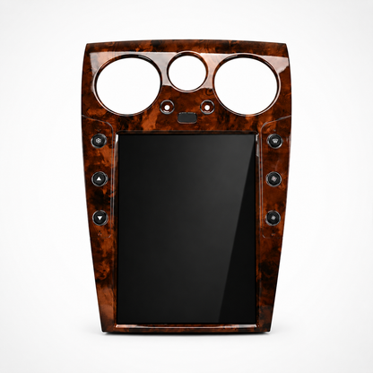 A large 12.1" tesla-style Bentley HD touchscreen infotainment display for Bentley Continental GT and Flying Spur 2004-2018 models. Easy installation into the center console, with wireless Apple CarPlay and Android Auto. Plug & play display works with all car functions including AC, backup camera, steering wheel controls, air suspension, suspension damping, parking sensors, OEM amplifier. Has additional side buttons for AC controls. Dark Mahogany trim.