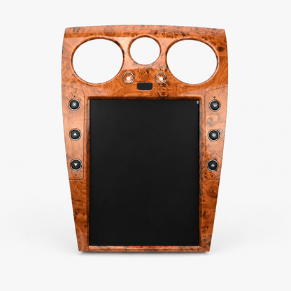 A large 12.1" tesla-style Bentley HD touchscreen infotainment display for Bentley Continental GT and Flying Spur 2004-2018 models. Easy installation into the center console, with wireless Apple CarPlay and Android Auto. Plug & play display works with all car functions including AC, backup camera, steering wheel controls, air suspension, suspension damping, parking sensors, OEM amplifier. Has additional side buttons for AC controls. Light Mahogany trim.