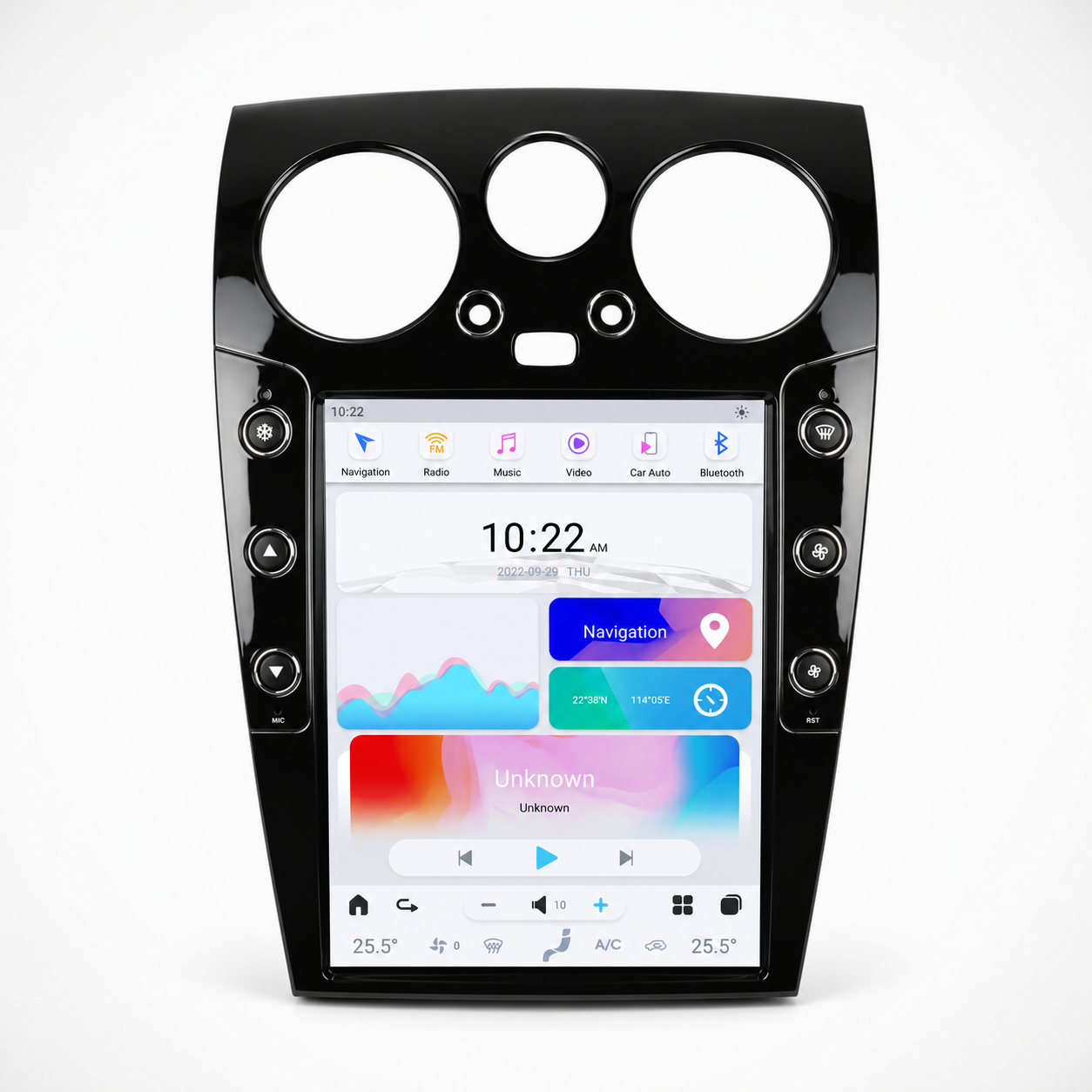A large 12.1" tesla-style Bentley HD touchscreen infotainment display for Bentley Continental GT and Flying Spur 2004-2018 models. Easy installation into the center console, with wireless Apple CarPlay and Android Auto. Plug & play display works with all car functions including AC, backup camera, steering wheel controls, air suspension, suspension damping, parking sensors, OEM amplifier. Has additional side buttons for AC controls.