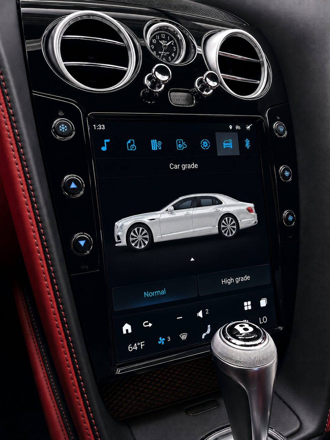 A large 12.1" tesla-style Bentley HD touchscreen infotainment display for Bentley Continental GT and Flying Spur 2004-2018 models. Easy installation into the center console, with wireless Apple CarPlay and Android Auto. Plug & play display works with all car functions including AC, backup camera, steering wheel controls, air suspension, suspension damping, parking sensors, OEM amplifier. Has additional side buttons for AC controls. Piano black trim. Settings menu.