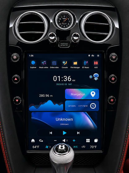A large 12.1" tesla-style Bentley HD touchscreen infotainment display for Bentley Continental GT and Flying Spur 2004-2018 models. Easy installation into the center console, with wireless Apple CarPlay and Android Auto. Plug & play display works with all car functions including AC, backup camera, steering wheel controls, air suspension, suspension damping, parking sensors, OEM amplifier. Has additional side buttons for AC controls. Piano black trim. Home page.