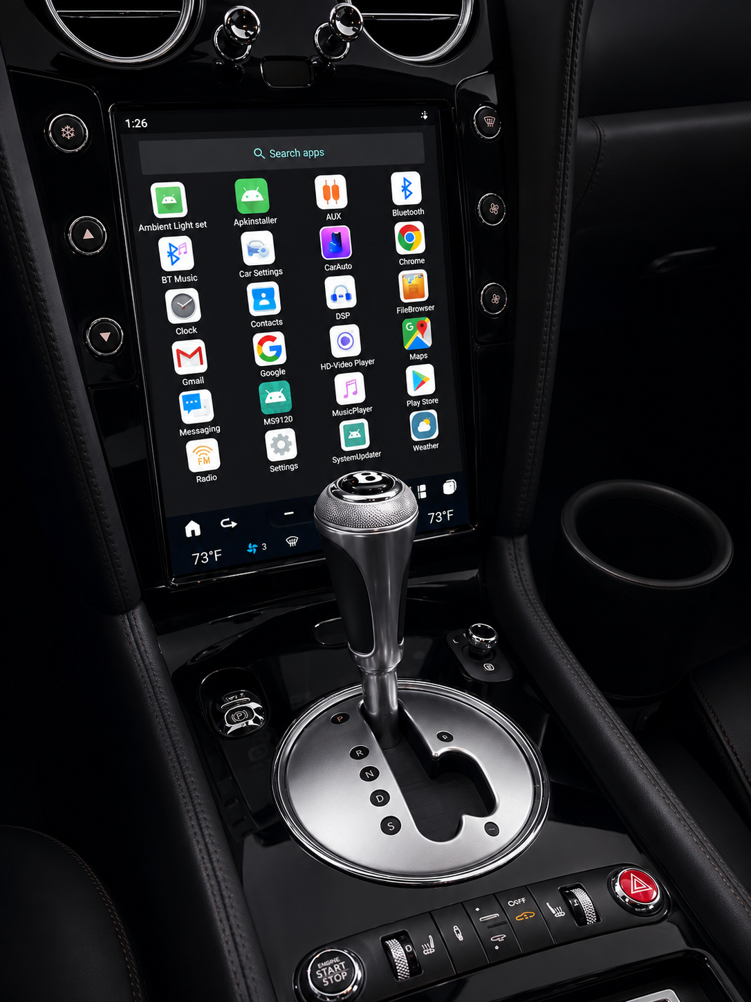 A large 12.1" tesla-style Bentley HD touchscreen infotainment display for Bentley Continental GT and Flying Spur 2004-2018 models. Easy installation into the center console, with wireless Apple CarPlay and Android Auto. Plug & play display works with all car functions including AC, backup camera, steering wheel controls, air suspension, suspension damping, parking sensors, OEM amplifier. Has additional side buttons for AC controls. Piano black trim. All apps menu.