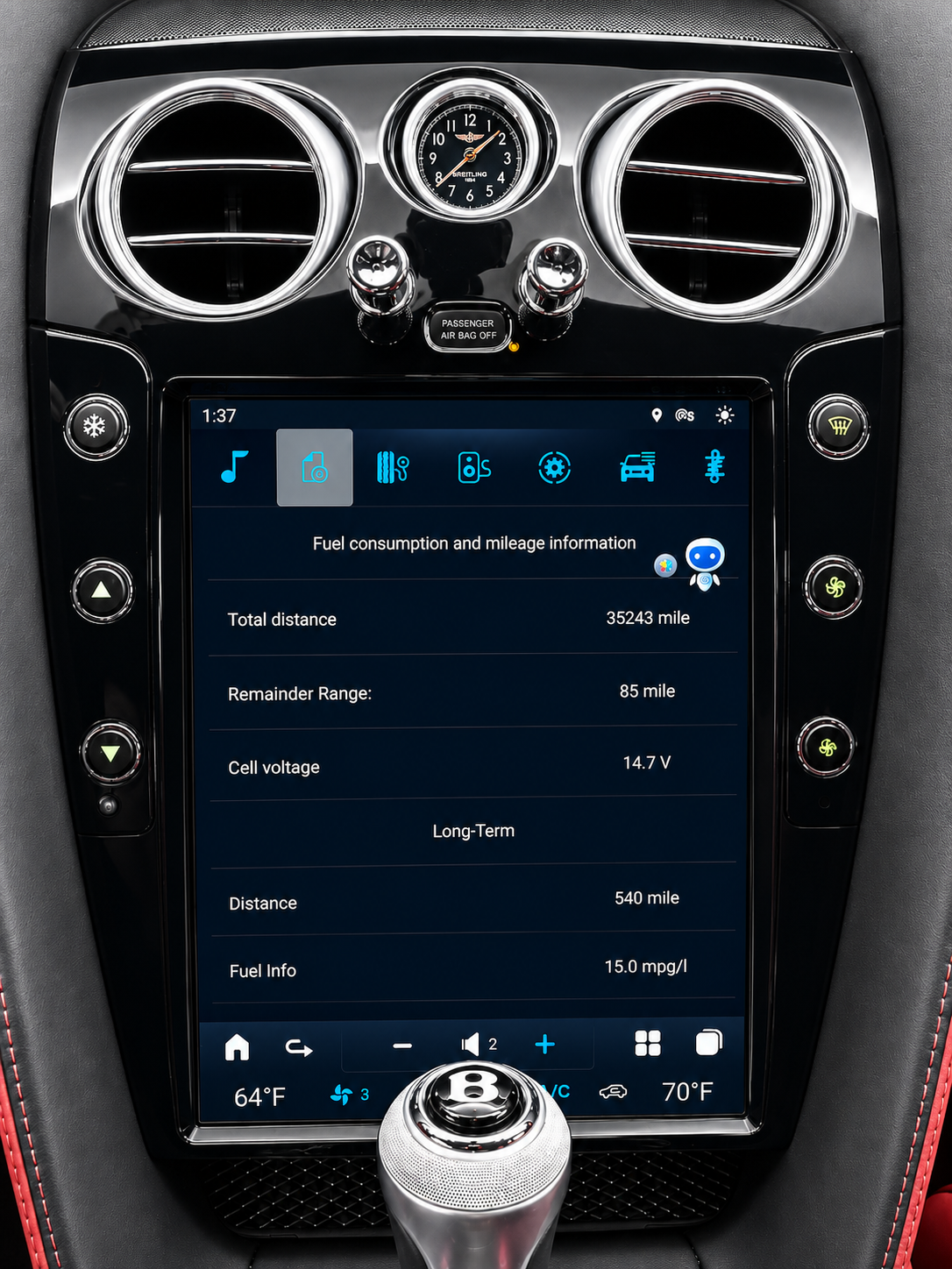 A large 12.1" tesla-style Bentley HD touchscreen infotainment display for Bentley Continental GT and Flying Spur 2004-2018 models. Easy installation into the center console, with wireless Apple CarPlay and Android Auto. Plug & play display works with all car functions including AC, backup camera, steering wheel controls, air suspension, suspension damping, parking sensors, OEM amplifier. Has additional side buttons for AC controls. Car info menu.