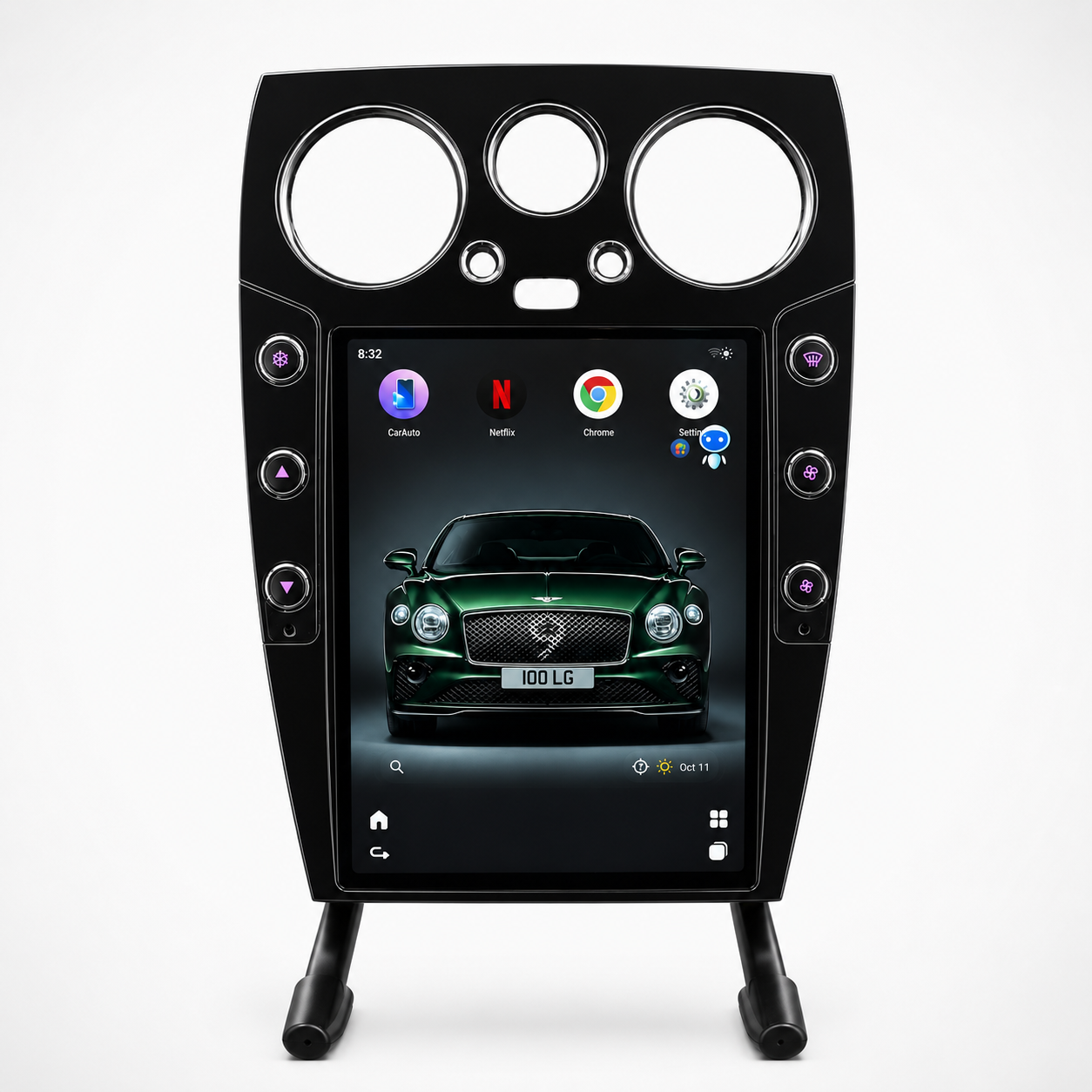 A large 12.1" tesla-style Bentley HD touchscreen infotainment display for Bentley Continental GT and Flying Spur 2004-2018 models. Easy installation into the center console, with wireless Apple CarPlay and Android Auto. Plug & play display works with all car functions including AC, backup camera, steering wheel controls, air suspension, suspension damping, parking sensors, OEM amplifier. Has additional side buttons for AC controls.